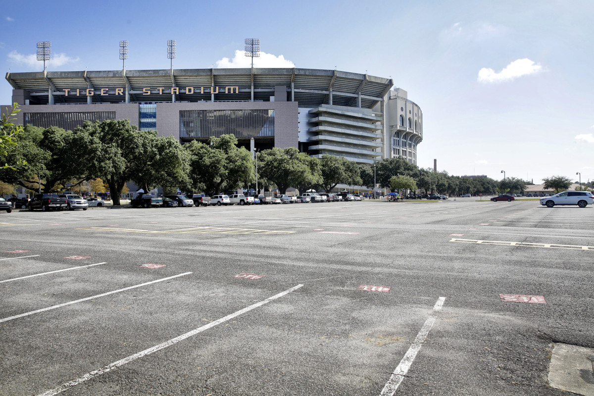 A nearly empty Tiger Stadium parking lot sits on LSU game day